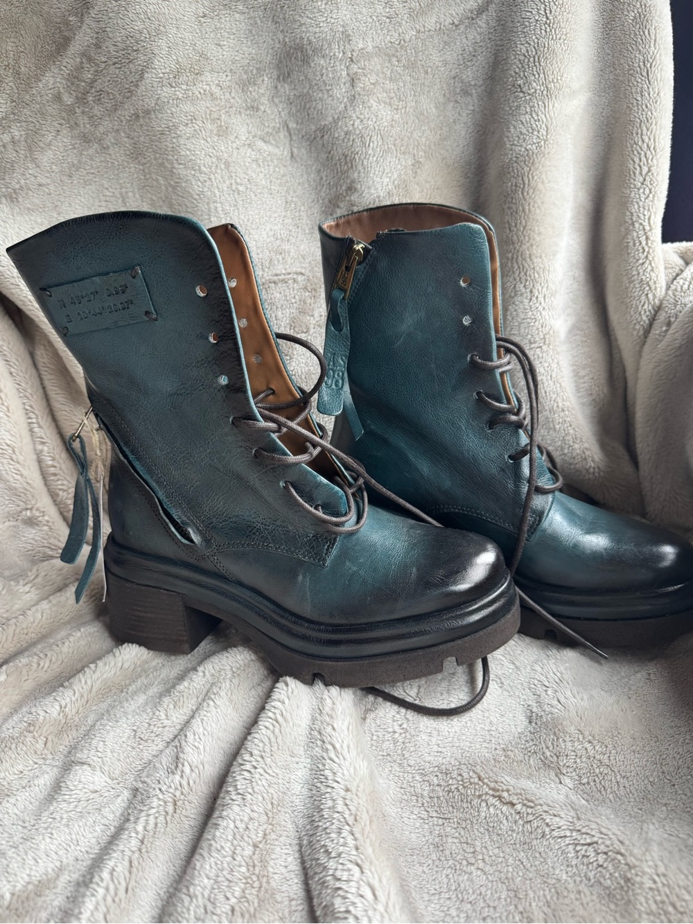 A.S.98 Teal Lace-Up Leather Ankle Boots